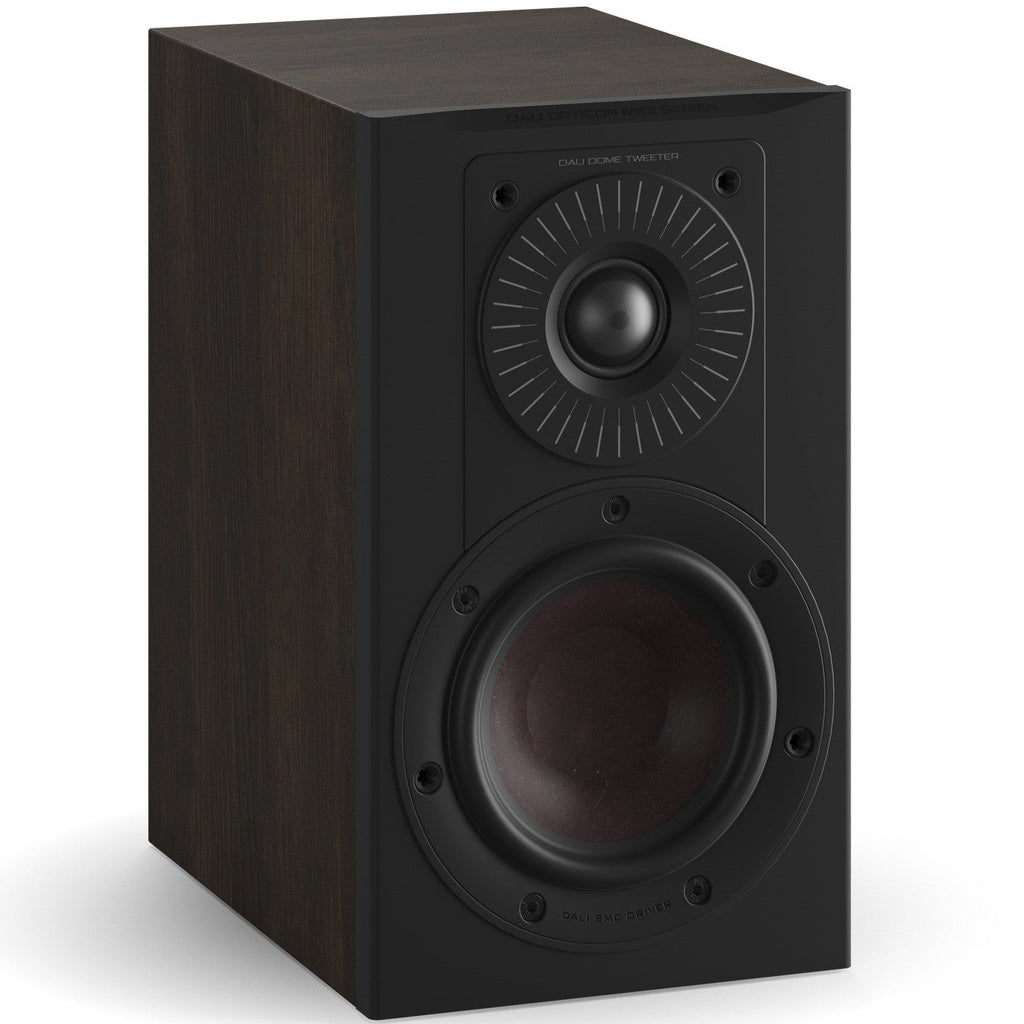 Large image of DALI Opticon 1 MK2 passive bookshelf speakers showing their sleek black finish and compact design.