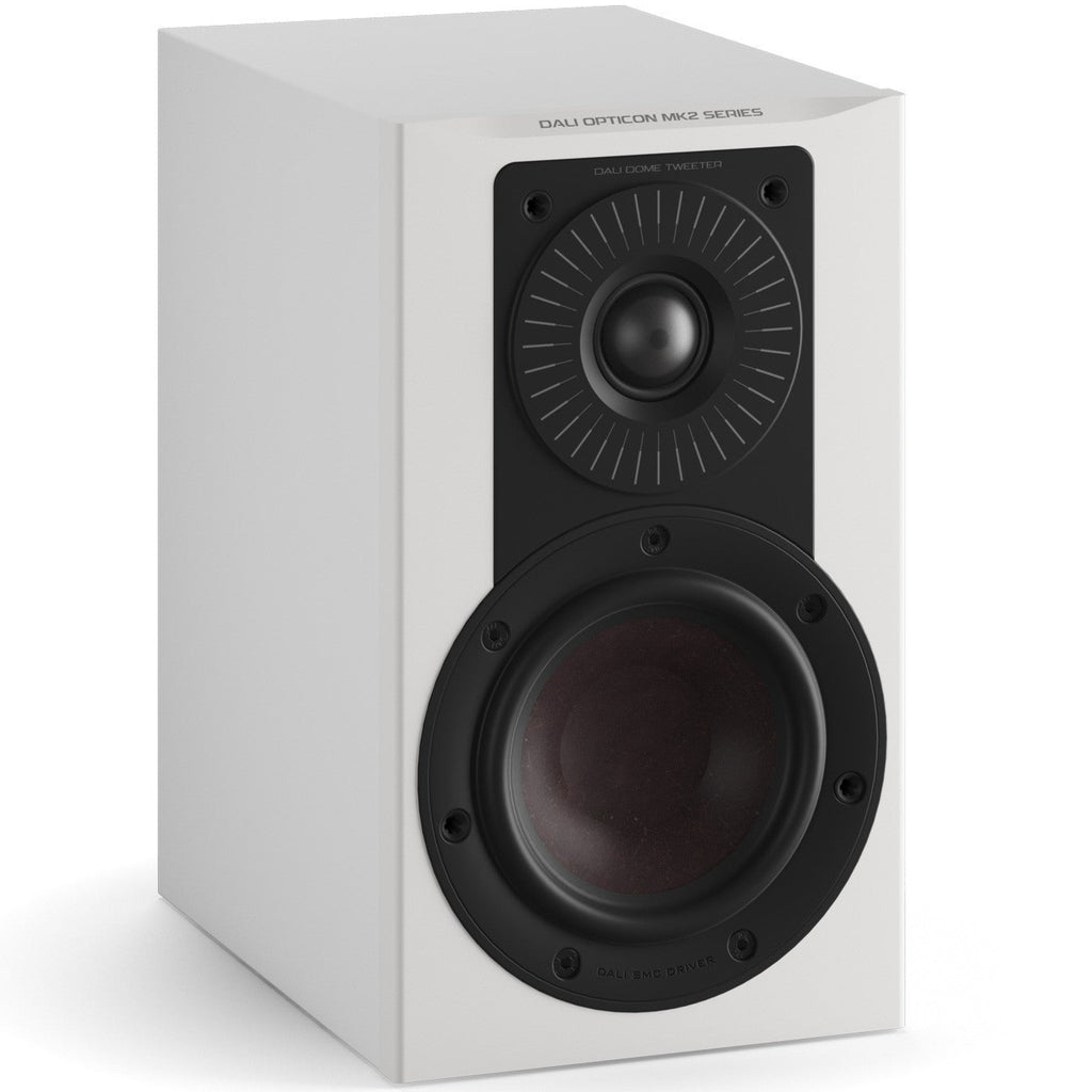 White DALI Dali Opticon 1 MK2 passive bookshelf speaker shown from the front with a sleek design and compact size.