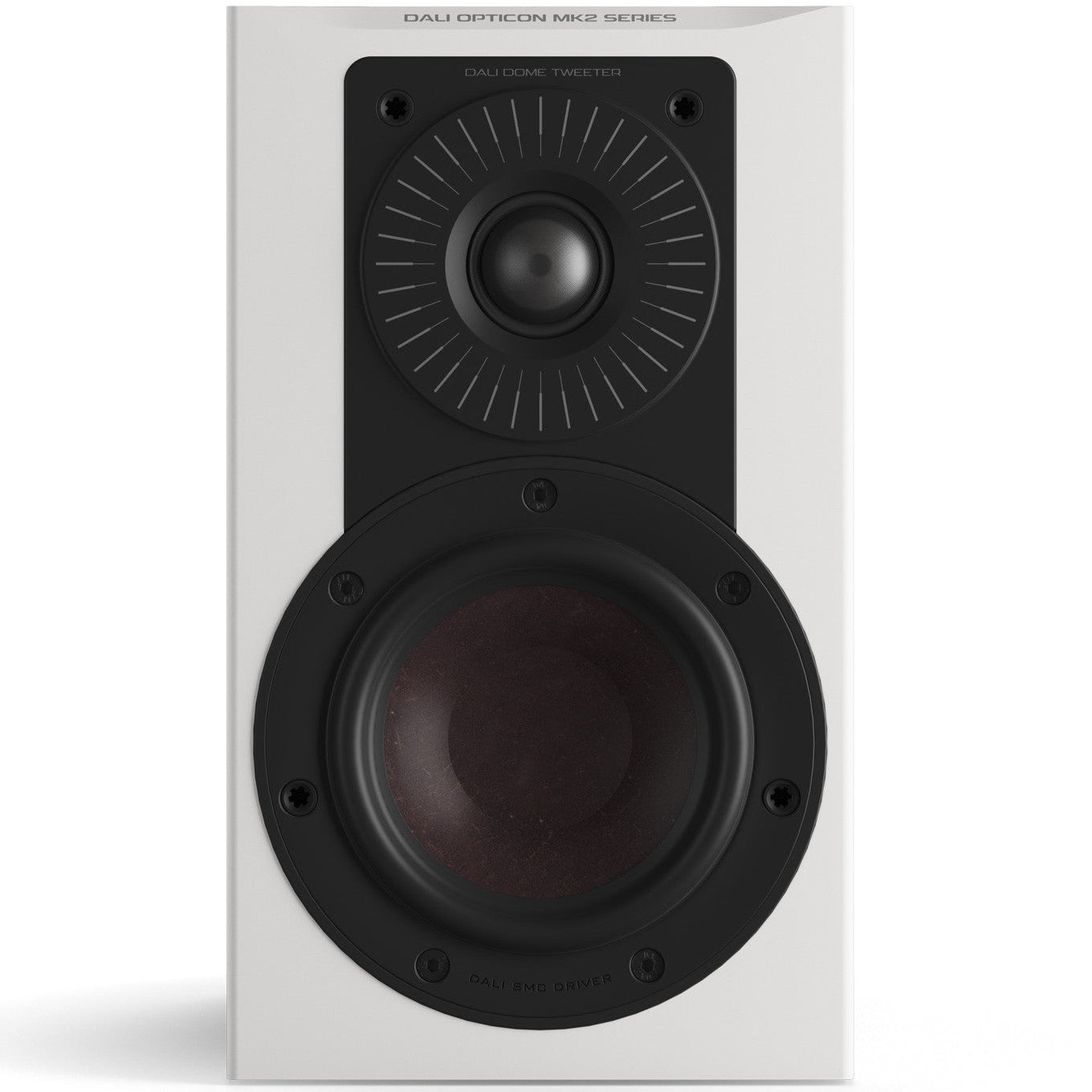 DALI Opticon 1 MK2 passive bookshelf speakers in white showing sleek front view with driver and grille.