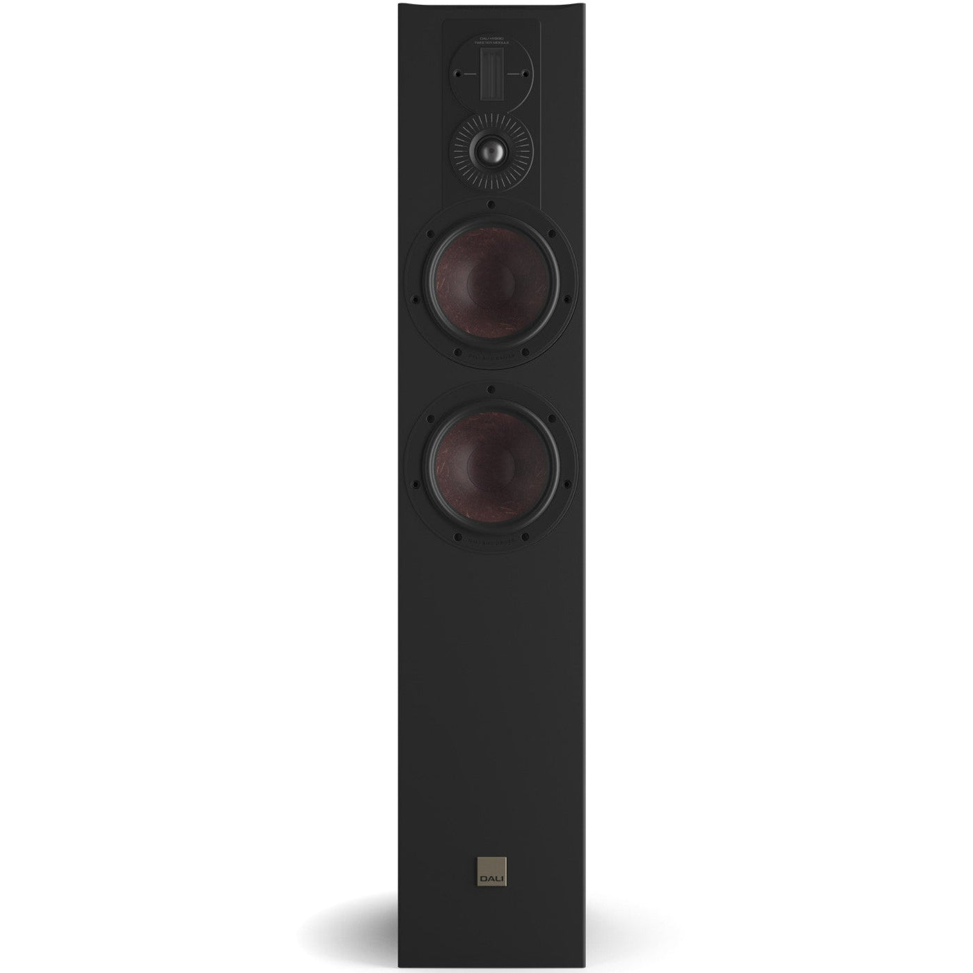 Black DALI Opticon 6 MK2 passive floorstanding speakers with sleek design and high-quality drivers for premium home audio.