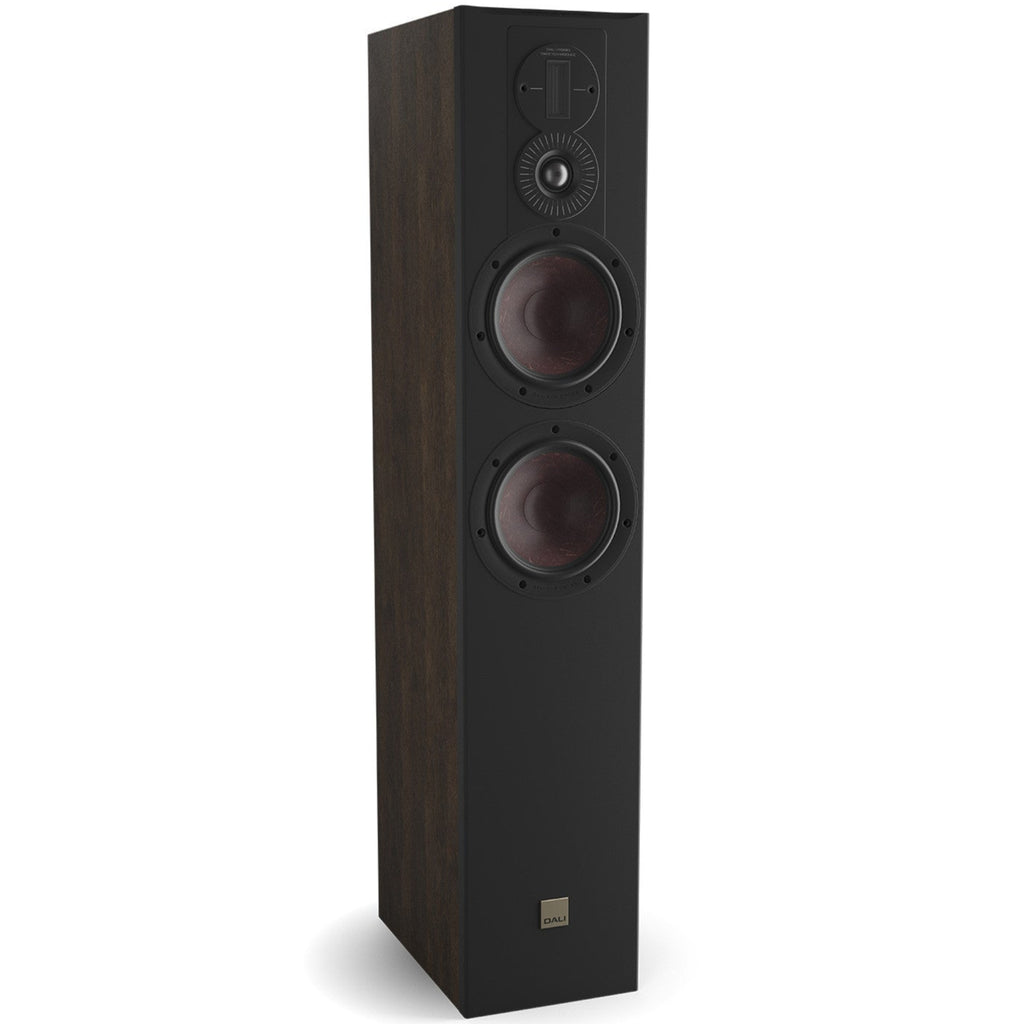 DALI Opticon 6 MK2 passive floorstanding speakers with black finish and sleek design, shown from the front.