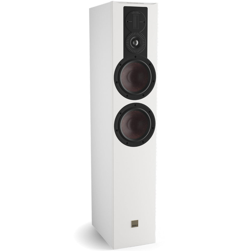 DALI Opticon 6 MK2 passive floorstanding speakers with white finish, showcasing sleek design and large drivers for high-quality sound.