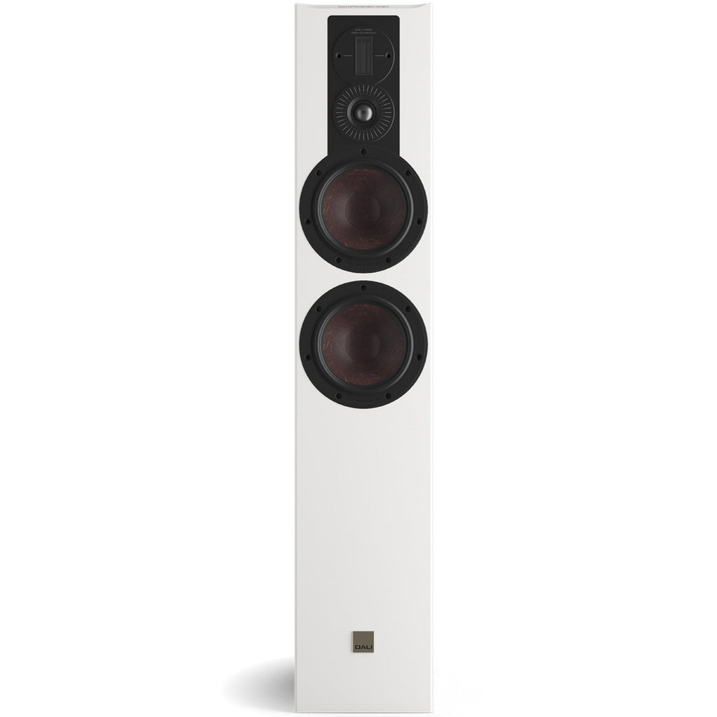 DALI Opticon 6 MK2 passive floorstanding speakers with sleek white finish and modern design, showcasing their large speaker drivers.