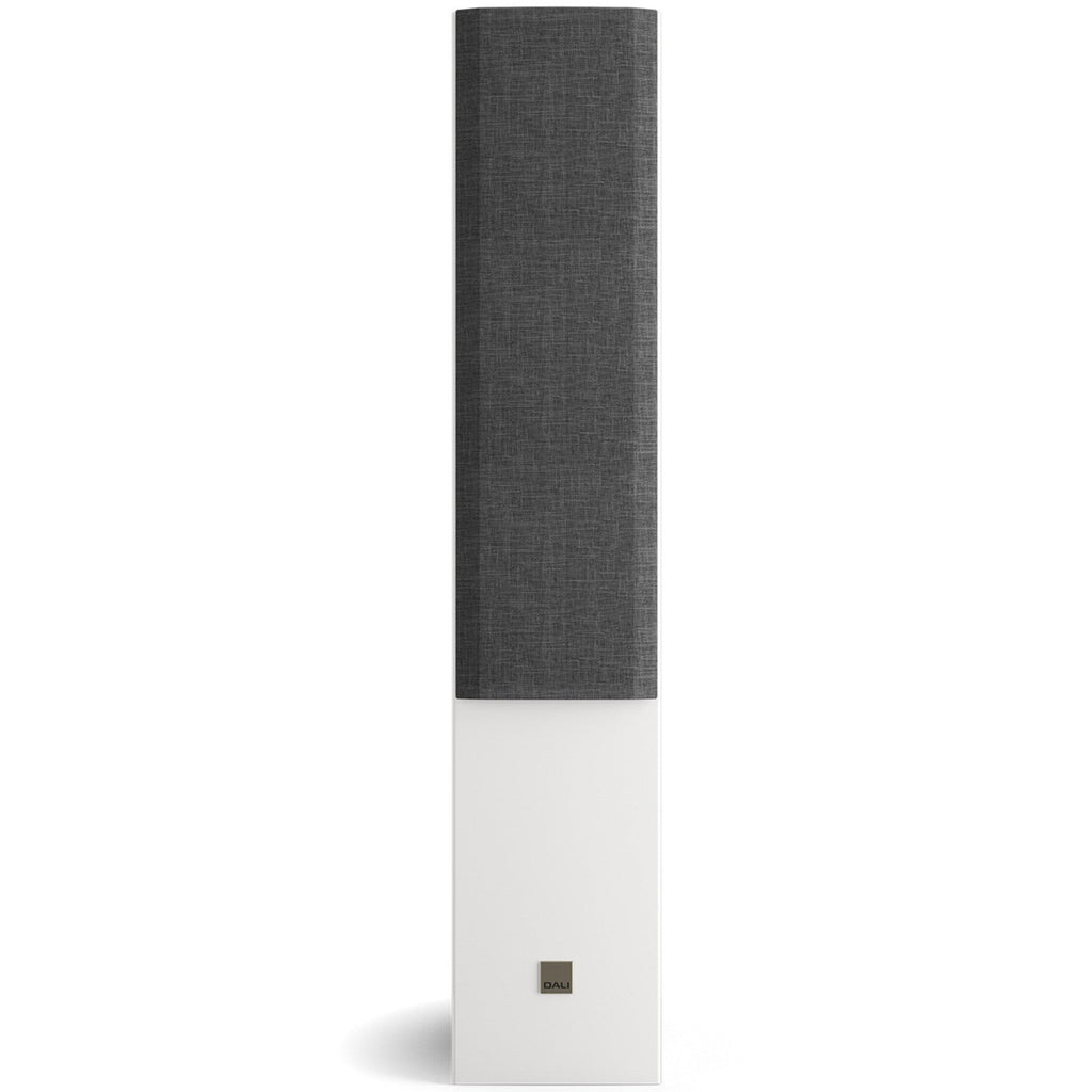 DALI Opticon 6 MK2 passive floorstanding speakers with white finish, large speaker drivers and sleek design.