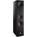 DALI Opticon 8 MK2 passive floorstanding speaker in black, showing front and side angles with sleek design and wood finish.