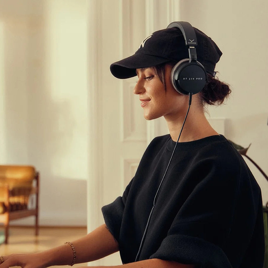 Beyerdynamic DT 270 Pro studio headphones, lifestyle setup in black