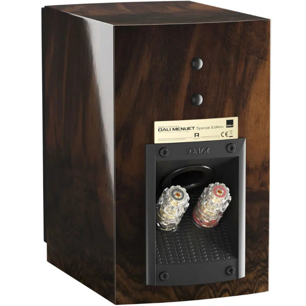 DALI Menuet SE passive bookshelf speakers with back connections and sleek design, ideal for high-fidelity audio setups.