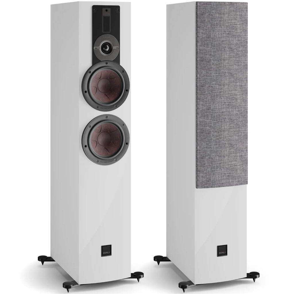 DALI Rubikore 6 passive floorstanding speakers with sleek black cabinets and modern design for high-quality audio.