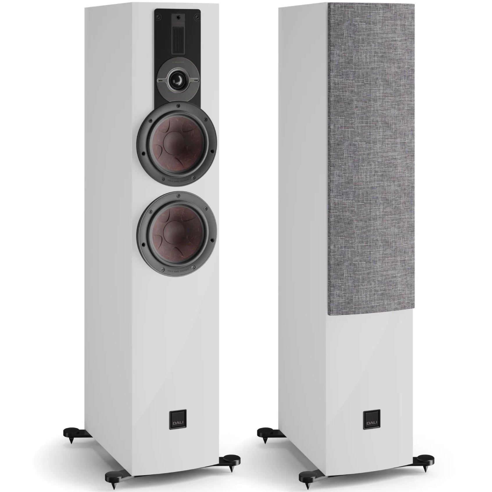 DALI Rubikore 6 passive floorstanding speakers with sleek black cabinets and modern design for high-quality audio.