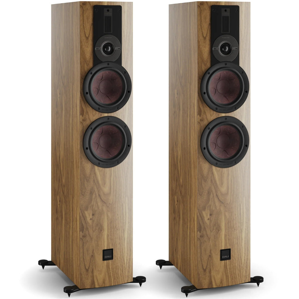 DALI Rubikore 6 passive floorstanding speakers with sleek black cabinets and premium driver components arranged for optimal sound.