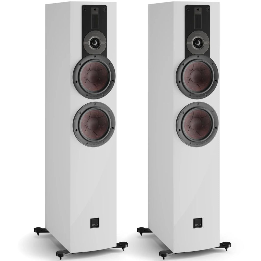DALI Rubikore 6 passive floorstanding speakers with sleek black cabinets and multiple drivers for high-quality sound.