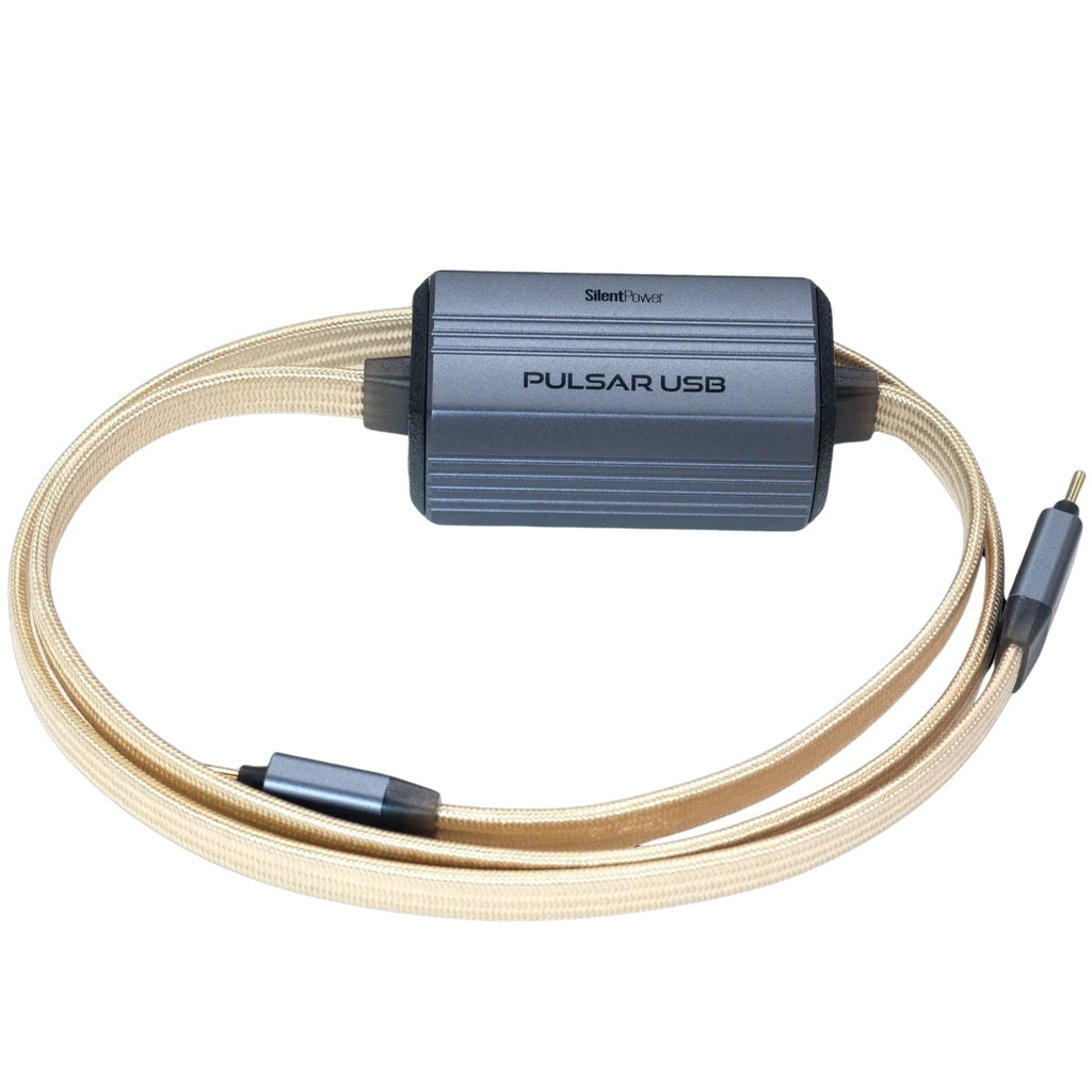 SilentPower Pulsar USB noise filter and conditioner, compact device with LED indicator for reducing electronic interference.