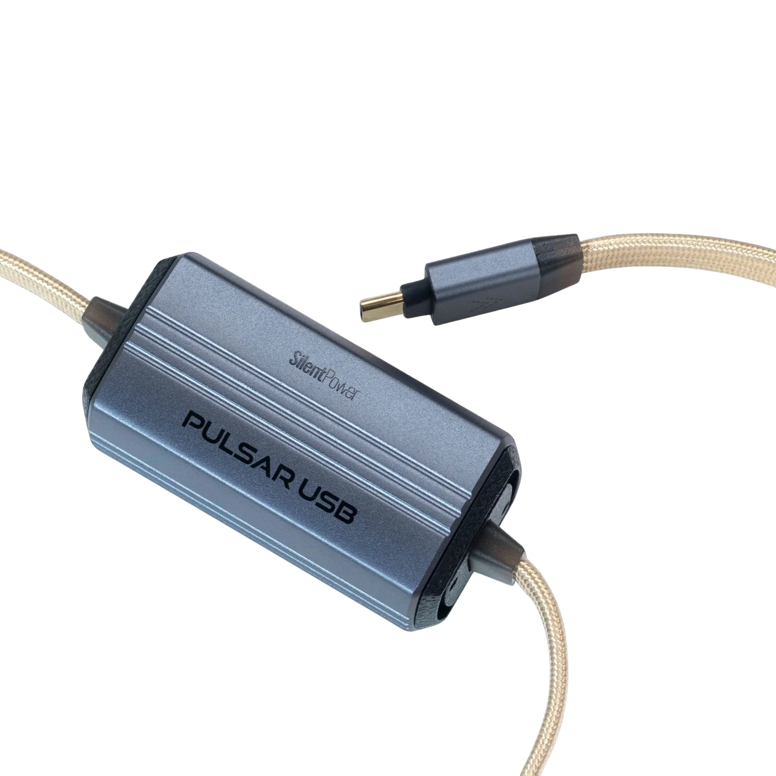 SilentPower Pulsar USB noise filter and conditioner with sleek design, compact size, and LED indicator for enhanced audio quality.