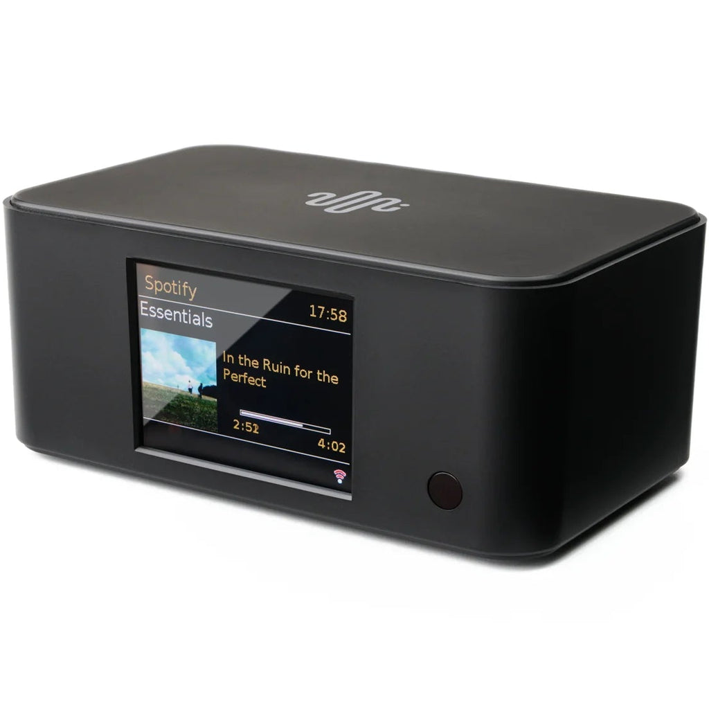 Essentials Stream Connect music streamer in black with sleek design, featuring connection ports and interface for seamless audio streaming.