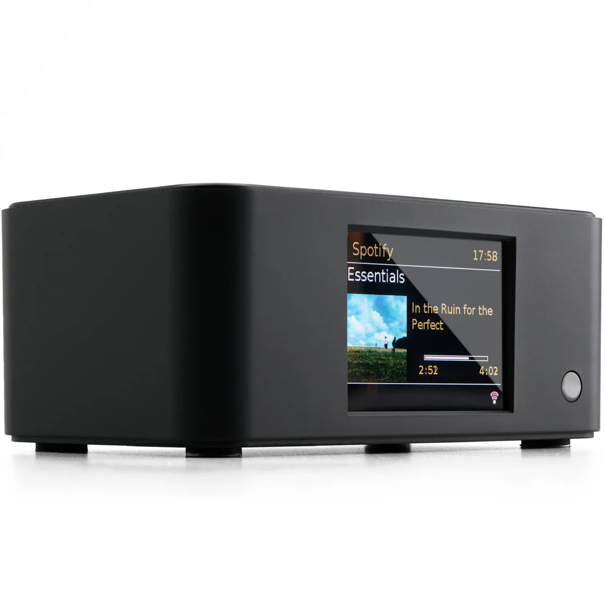 Essentials Stream Connect music streamer device in black with connected cables and controls, designed for seamless audio streaming.