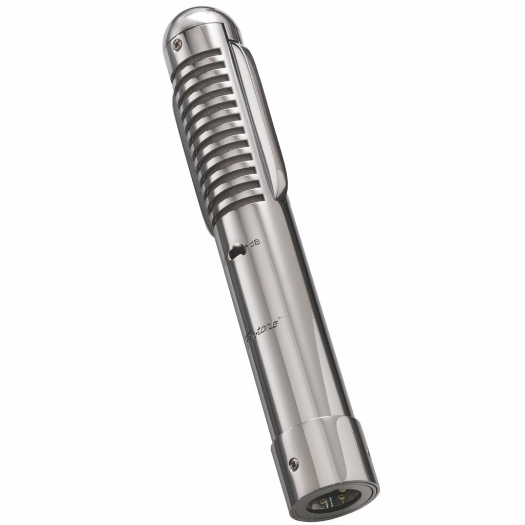 Warm Audio Fen-tone ribbon microphone angled view, showcasing its sleek design and build quality.