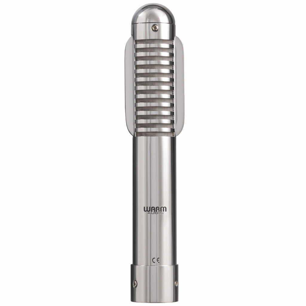 Warm Audio Fen-tone ribbon microphone shown from the back, highlighting its sleek design and components.