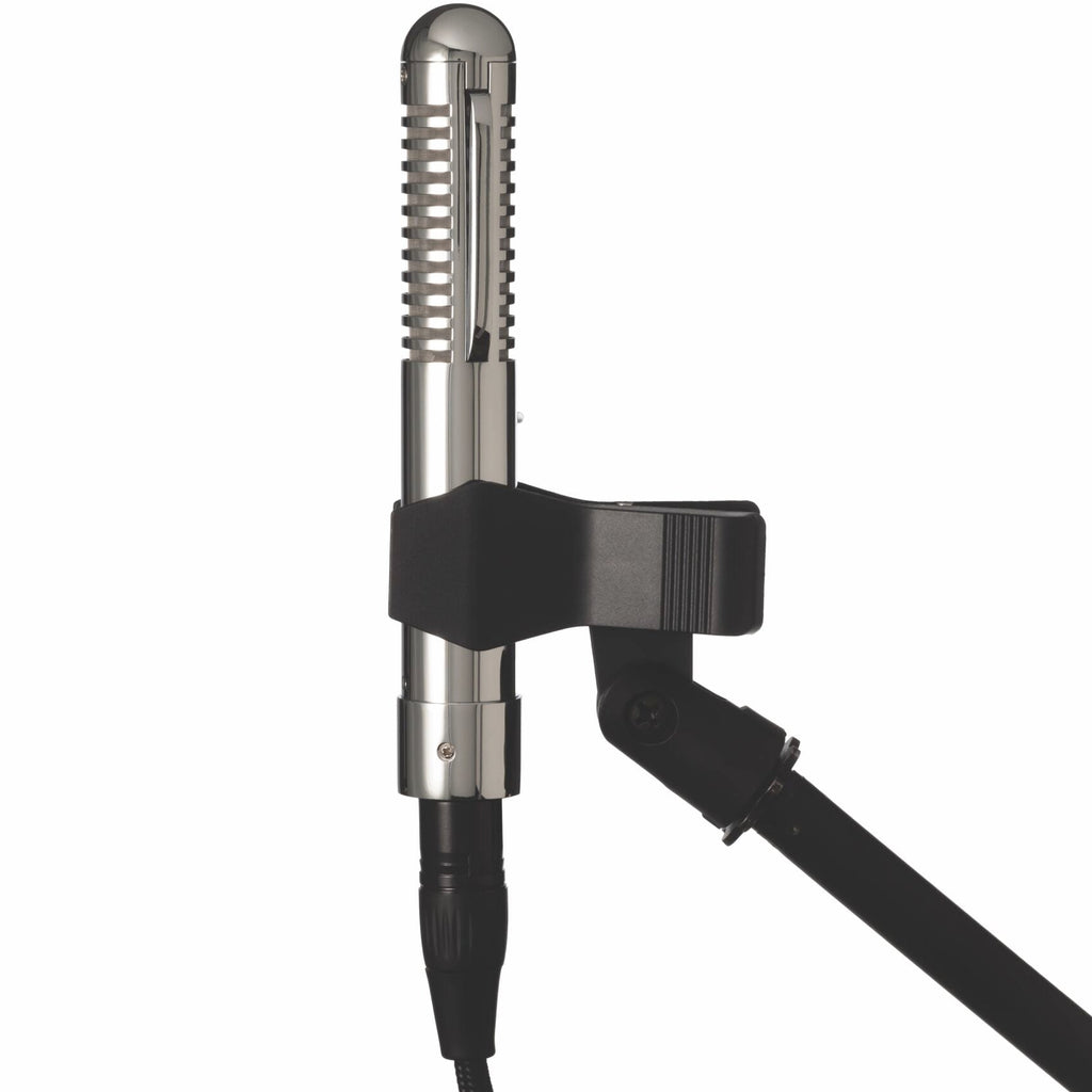 Warm Audio Fen-tone ribbon microphone mounted on a stand, showcasing its vintage-inspired design and professional audio recording equipment.