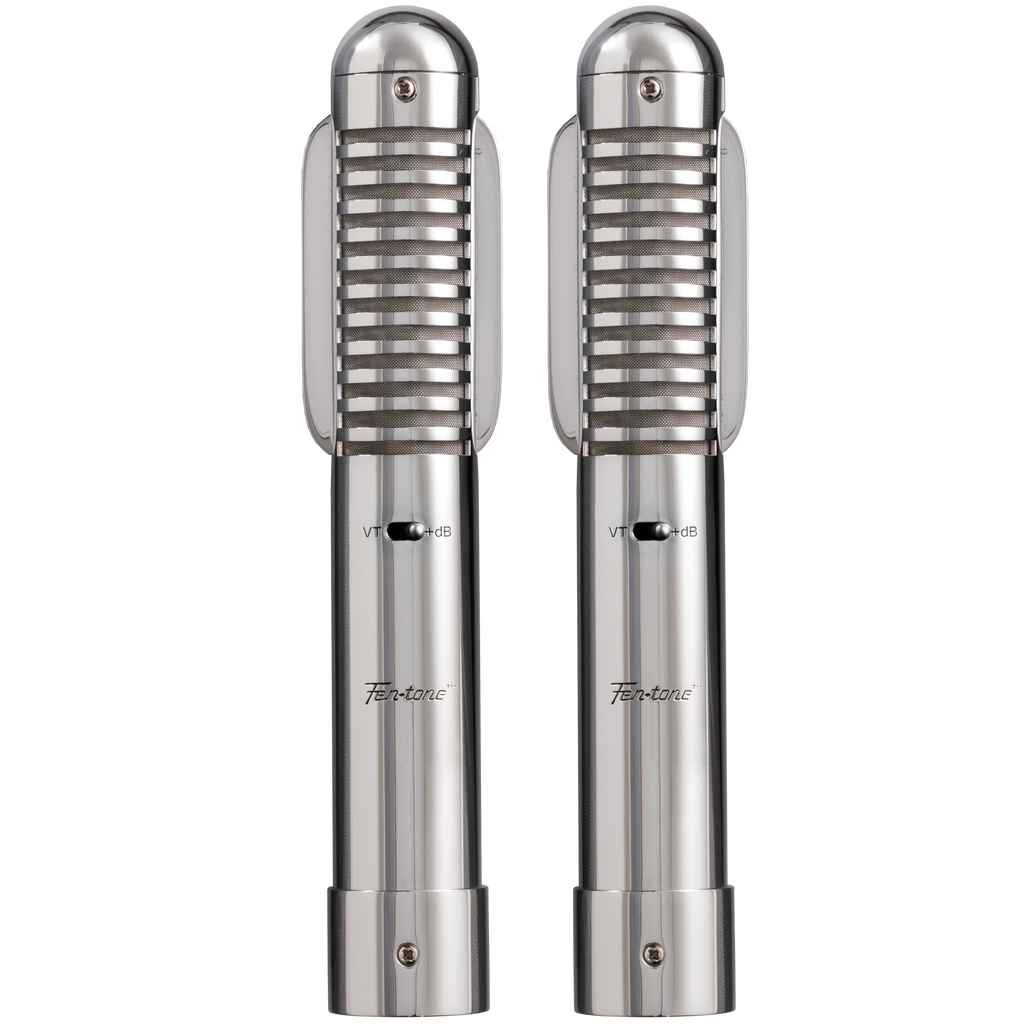 Warm Audio Fen-tone stereo ribbon microphones shown in a front view, highlighting the dual microphone design for high-quality audio recording.