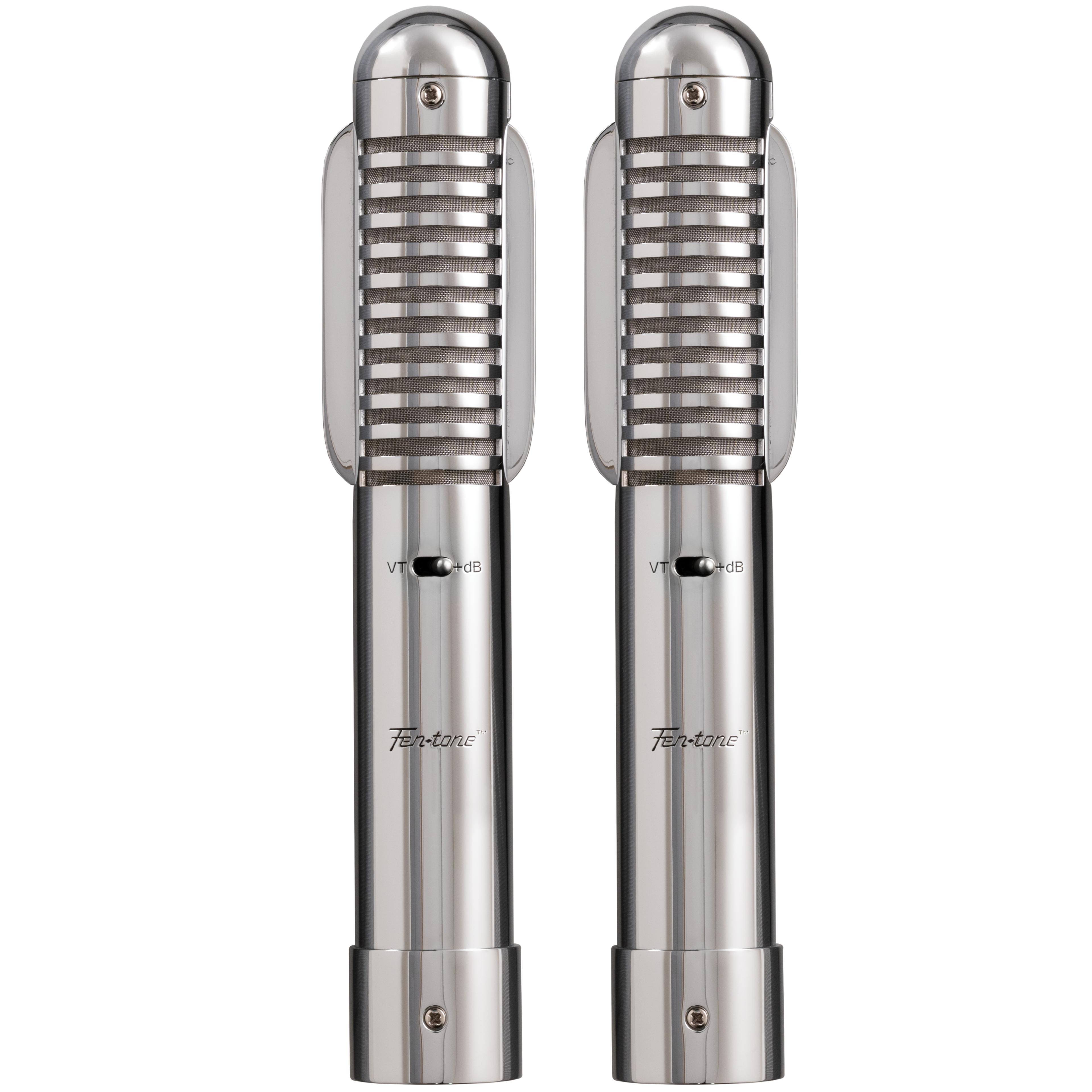 Warm Audio Fen-tone stereo ribbon microphones shown in a front view, highlighting the dual microphone design for high-quality audio recording.