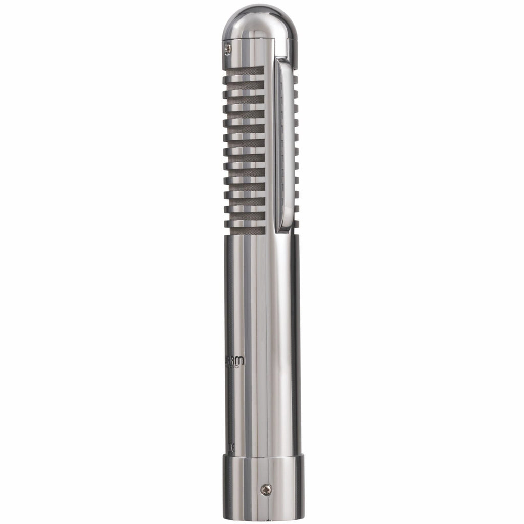 Warm Audio Fen-tone ribbon microphone shown from the side, highlighting its sleek design and vintage-inspired build.