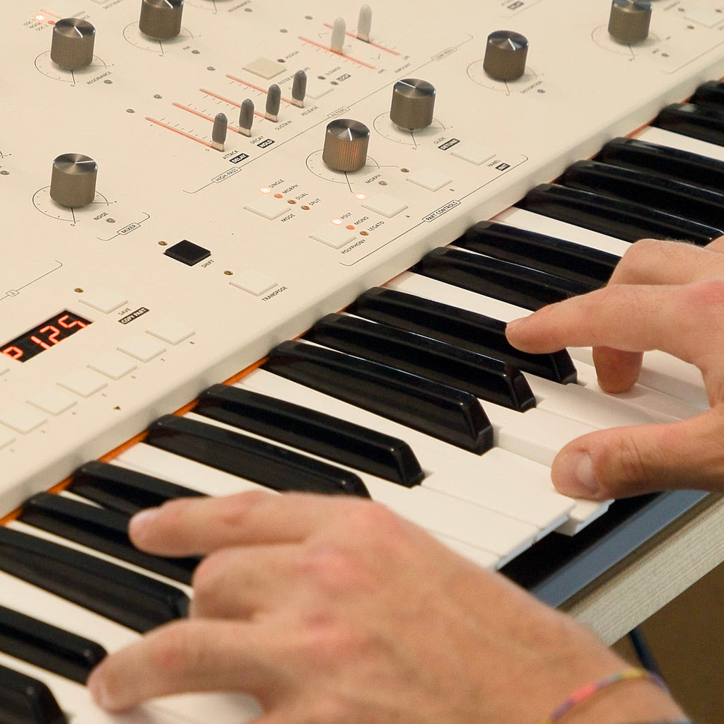 Frap Tools Magnolia keyboard synthesizer with sleek black design and detailed controls on a music production setup.