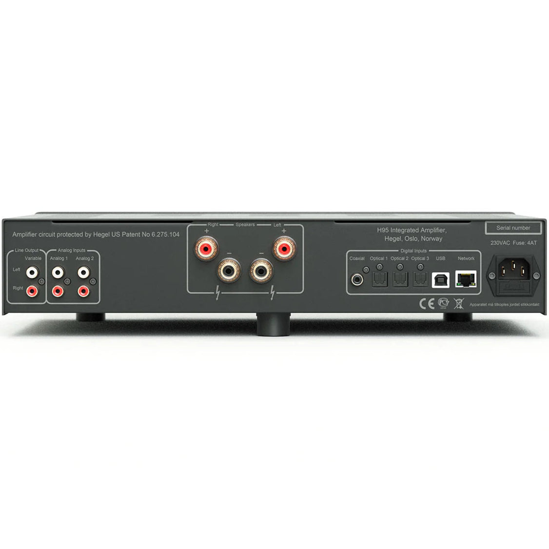 Hegel H95 music streamer with sleek black front panel, digital display, and control buttons for high-quality audio streaming.