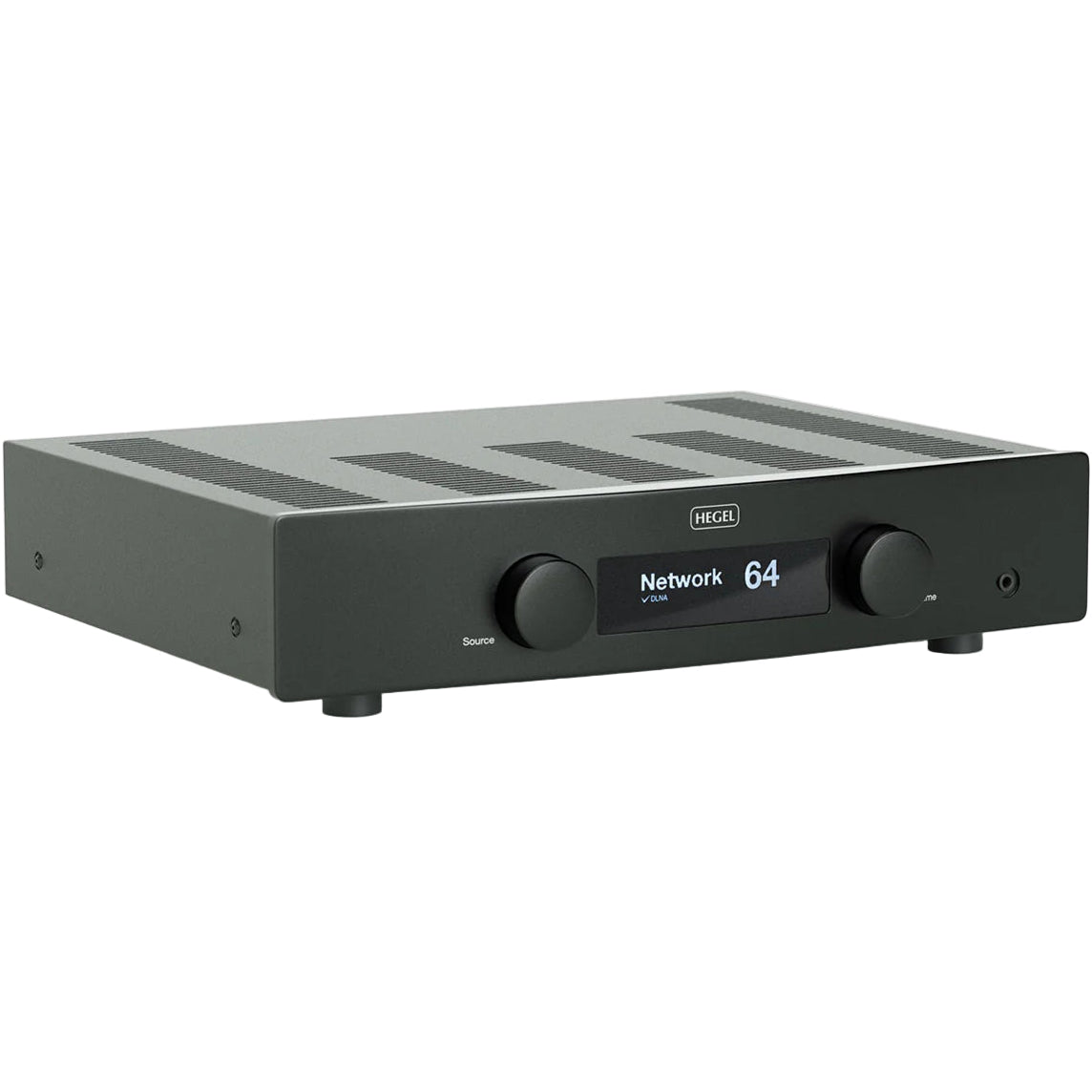 Hegel H95 music streamer with sleek black design, front display, and control buttons, showcasing high-end audio streaming equipment.