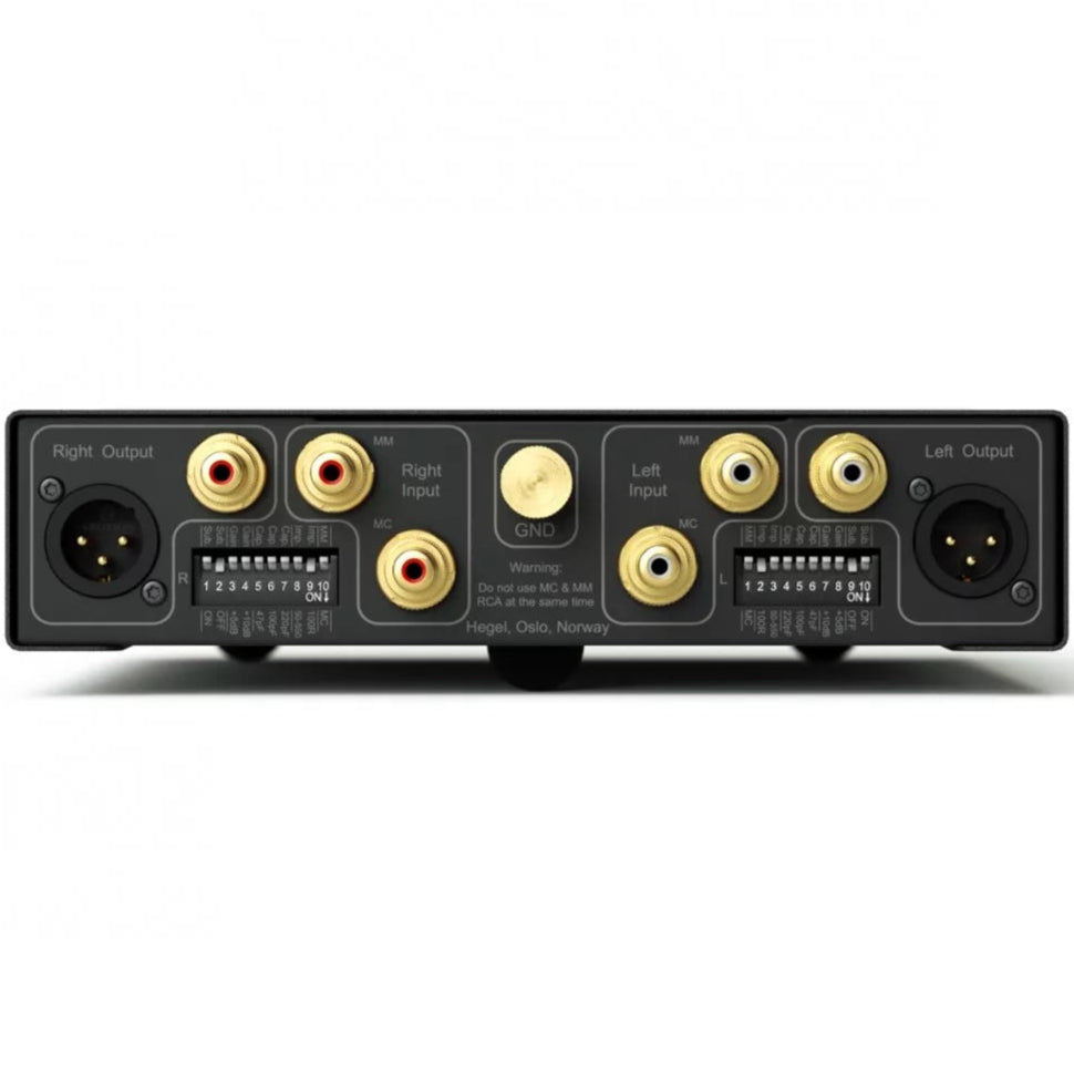 Hegel V10 phono preamp with sleek black design and control knobs for high-quality vinyl record audio.