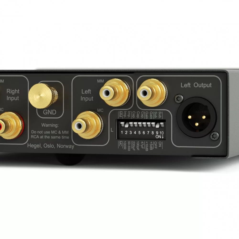 Hegel V10 phono preamp with sleek black design and control knobs for high-quality vinyl record playback.