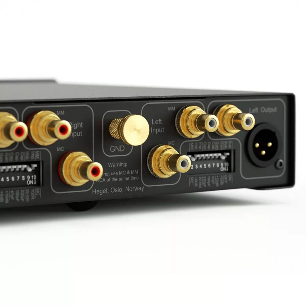 Hegel V10 phono preamp with sleek black finish and control knobs, designed for high-quality vinyl record playback.