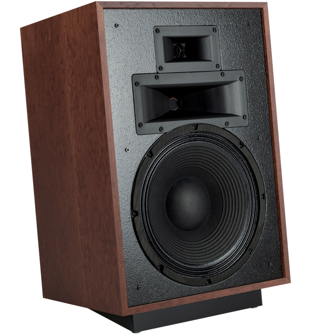 Klipsch Heresy IV floorstanding speaker with a sleek black finish, tall design, and detailed grille showcasing premium audio quality.