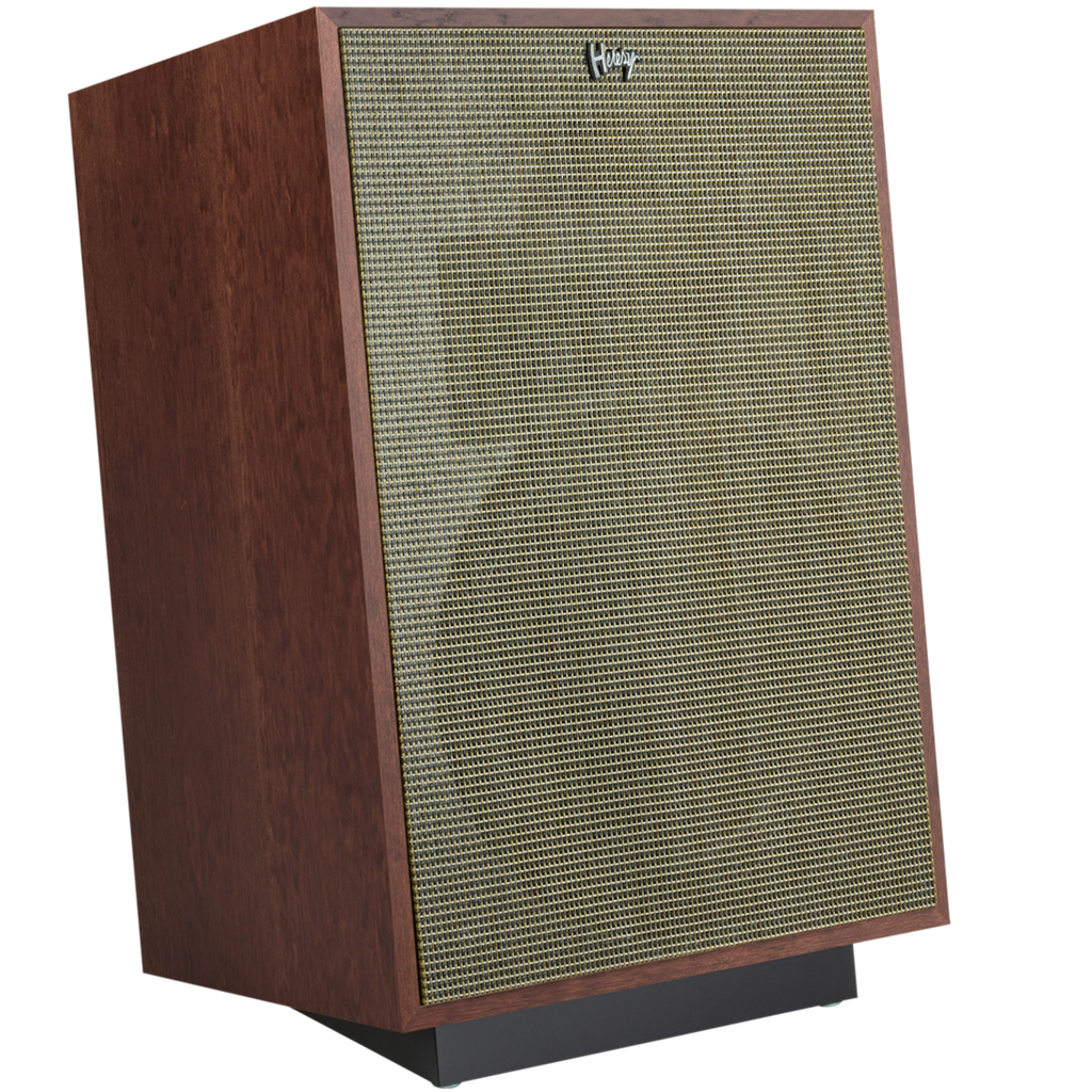 Klipsch Heresy IV floorstanding speakers with right grille removed, showcasing their speaker drivers and classic design.