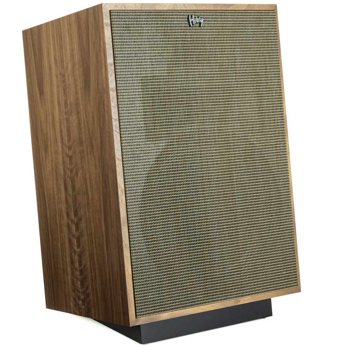 Klipsch Heresy IV floorstanding speaker with American Walnut finish and right grille detail, showcasing high-quality audio design.