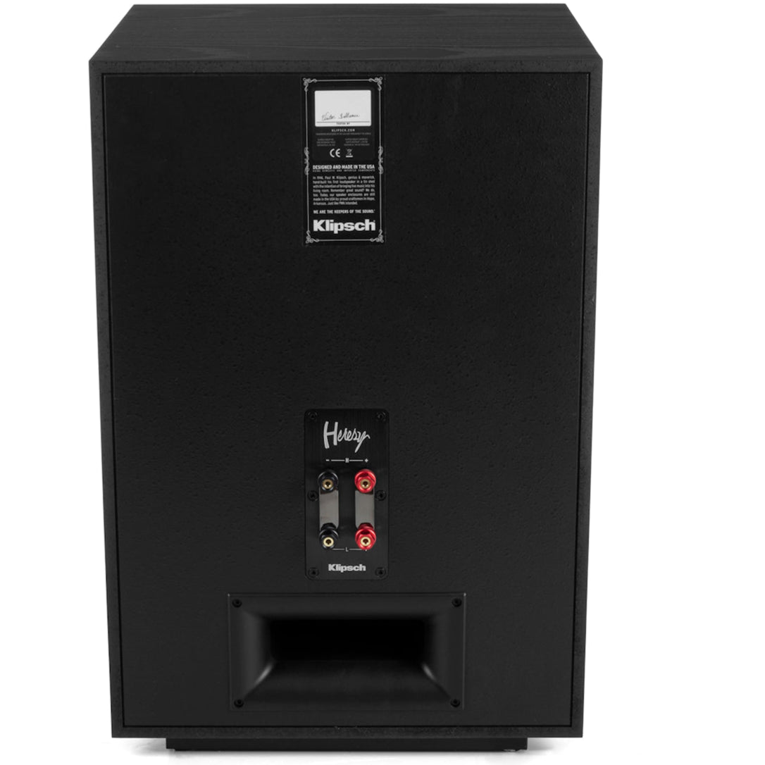 Black Klipsch Heresy IV floorstanding speakers shown from the back, highlighting their sleek design and speaker terminals.