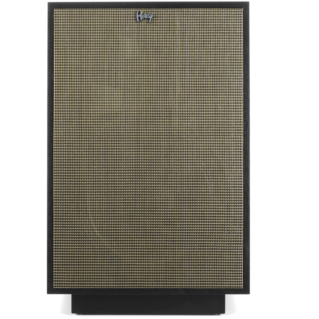 Black Klipsch Heresy IV floorstanding speakers with front grille, showcasing sleek design and premium audio quality.