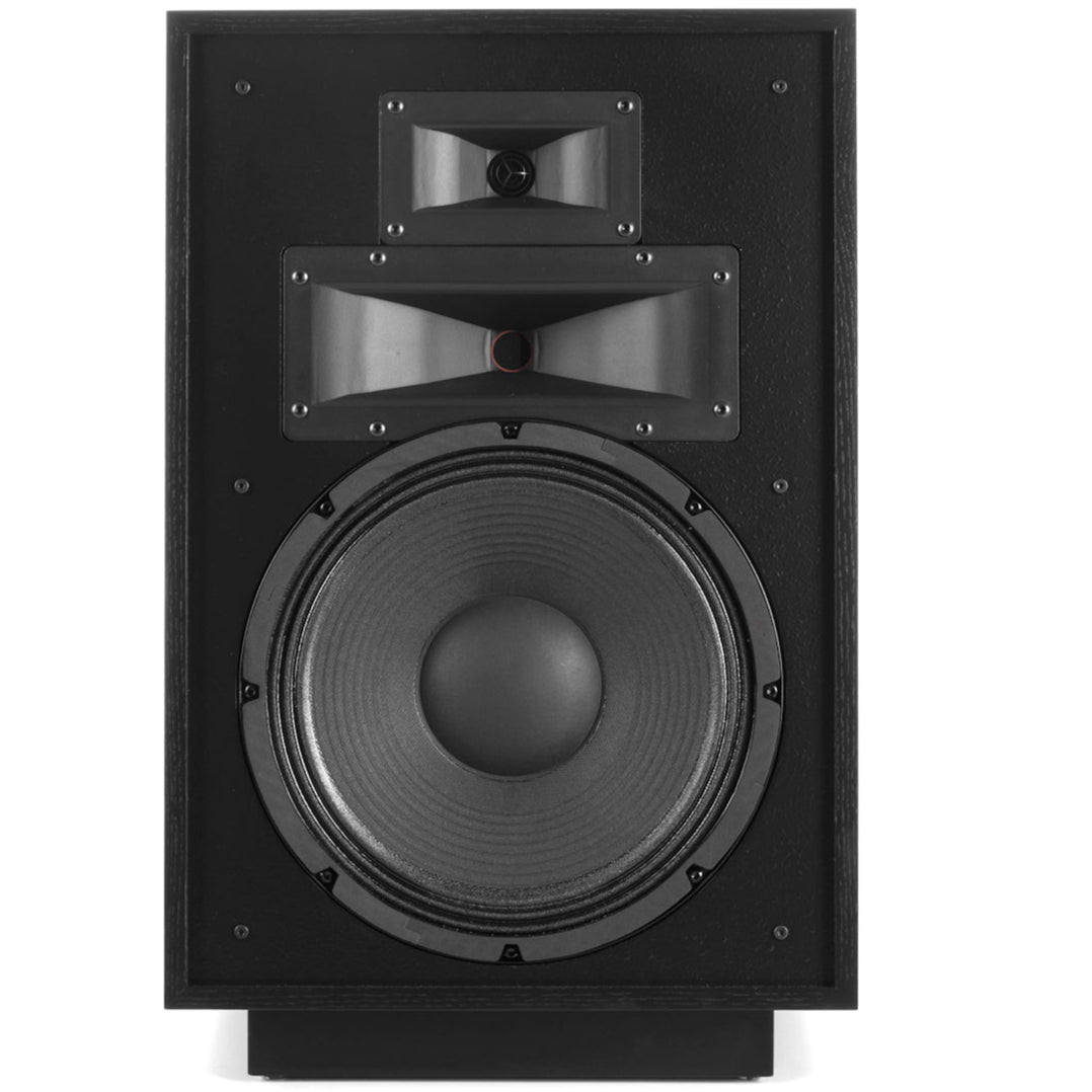 Black Klipsch Heresy IV floorstanding speakers with wooden finish, front view showcasing their sleek design and speaker grille.