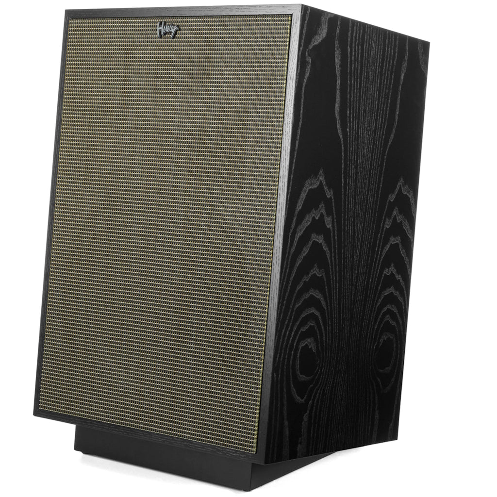 Black Klipsch Heresy IV floorstanding speakers with grille, showcasing their sleek design and woodgrain finish.