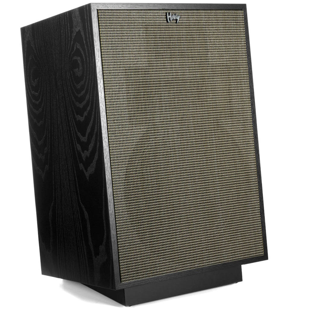 Black Klipsch Heresy IV floorstanding speakers with right grille, showcasing sleek design and high-quality audio performance.