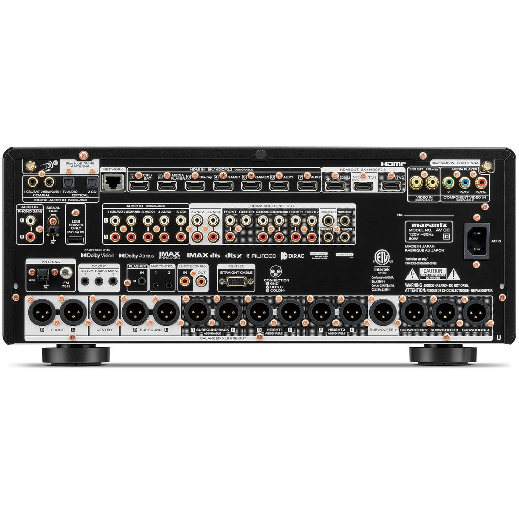 Marantz AV 30 stereo amplifier showing the back panel with various input and output connections.