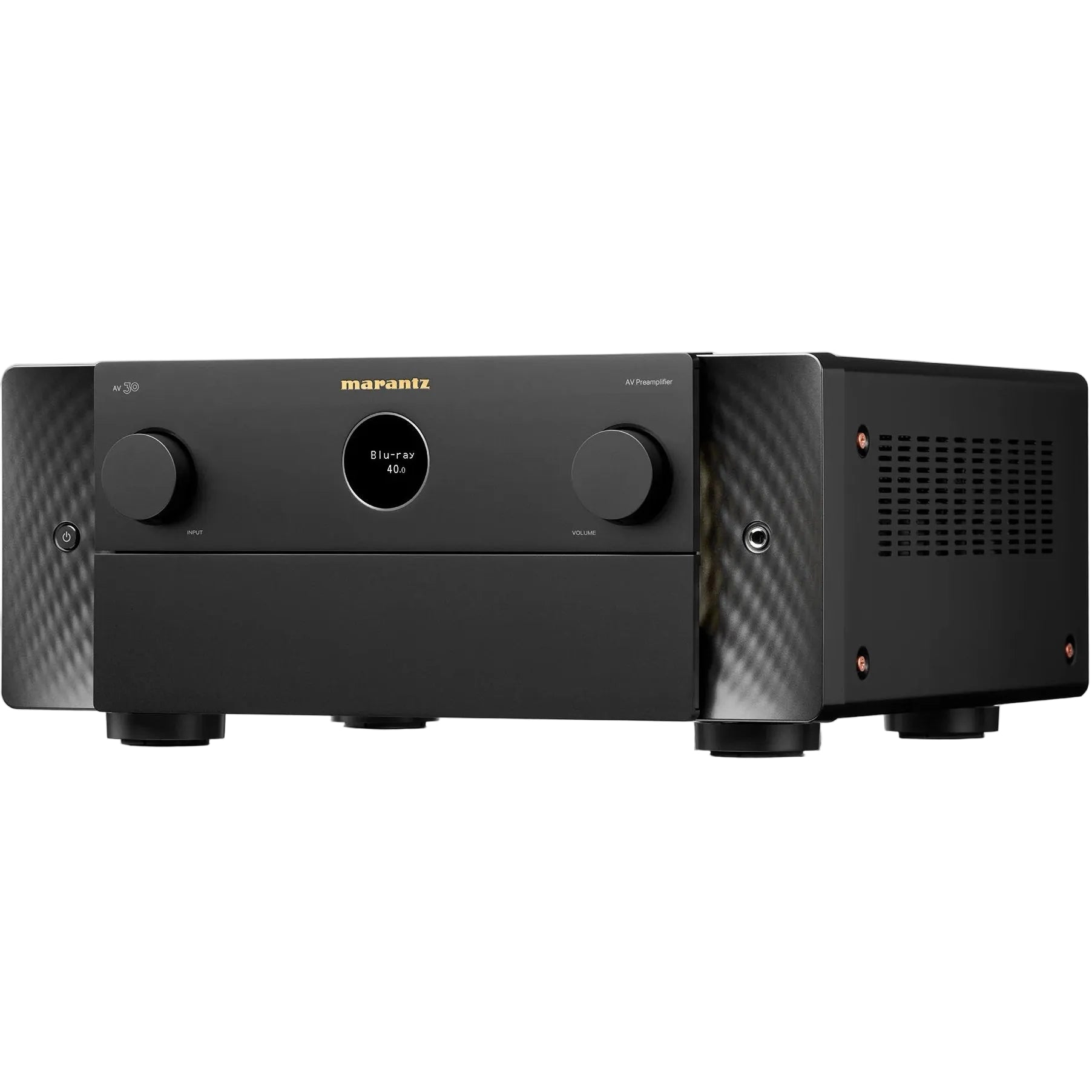 Marantz AV 30 stereo amplifier in black with sleek front panel and control knobs, designed for high-quality audio performance.