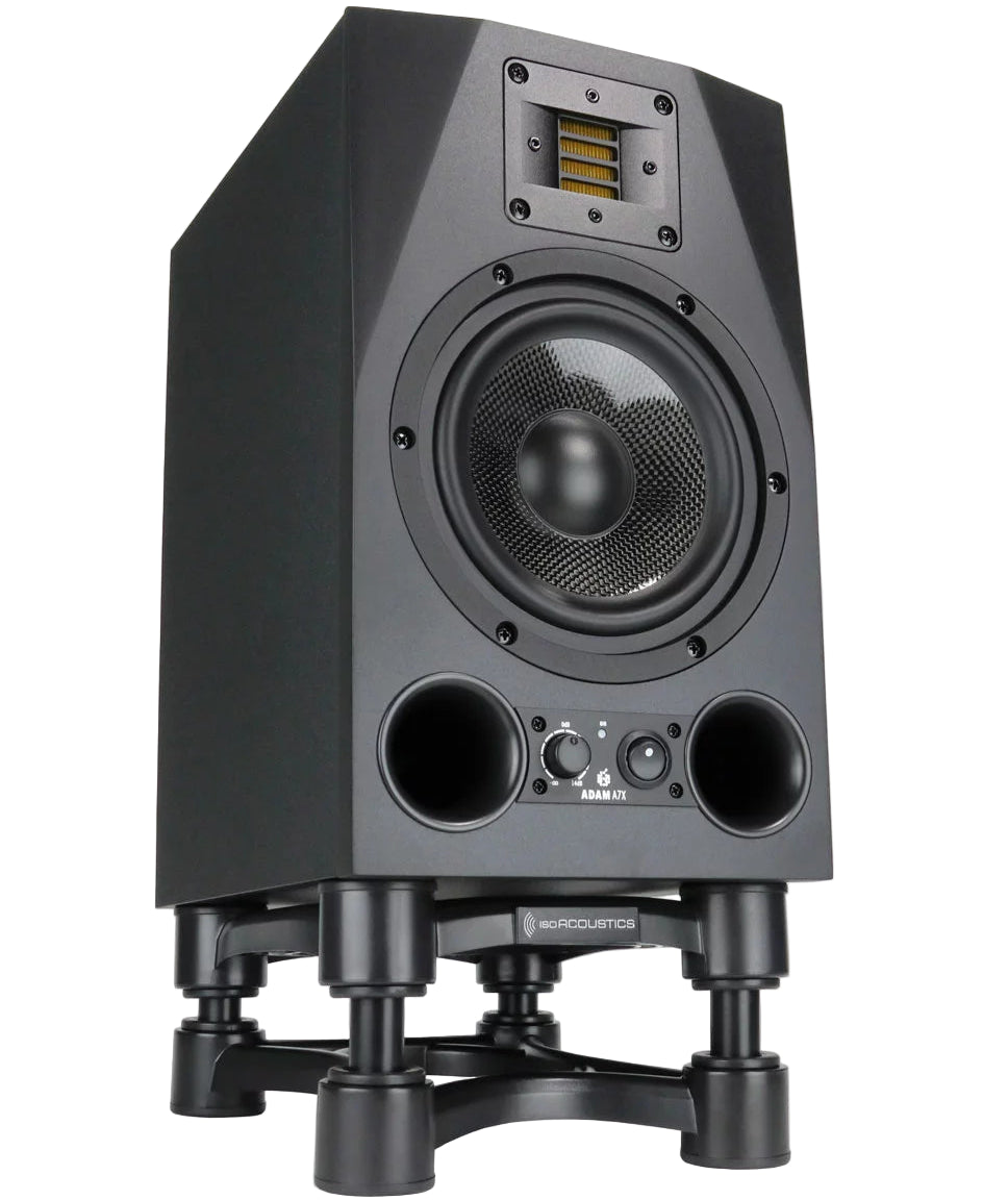 White IsoAcoustics ISO-200 studio monitor stands with Adam A7X speakers on top, designed for optimal sound isolation and stability.
