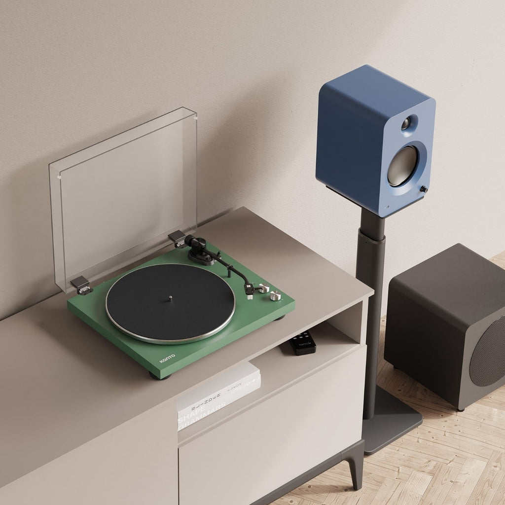 Kanto Audio OBI3 turntable with sleek black design and tonearm, designed for high-quality vinyl playback.