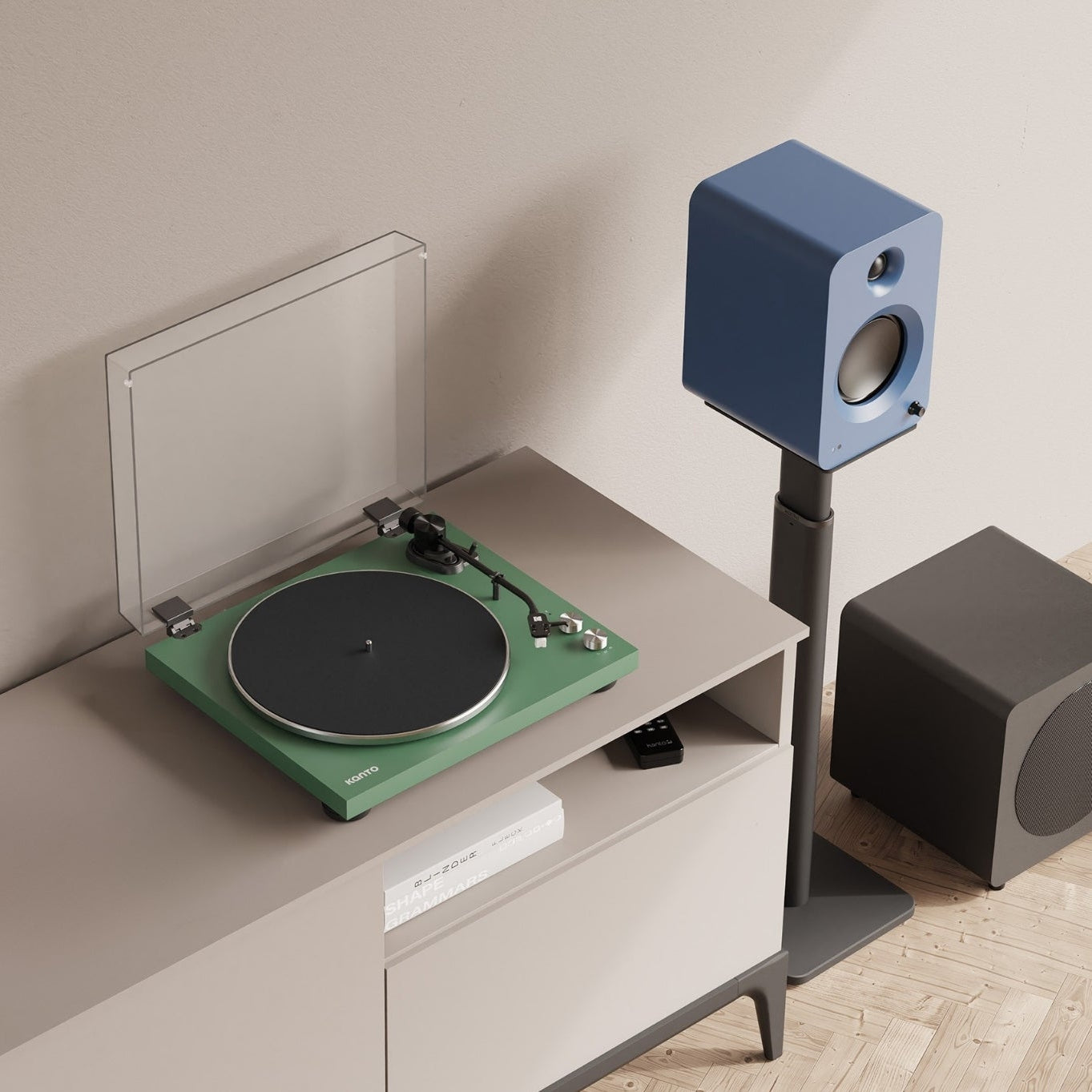 Kanto Audio OBI3 turntable with sleek black design and tonearm, designed for high-quality vinyl playback.