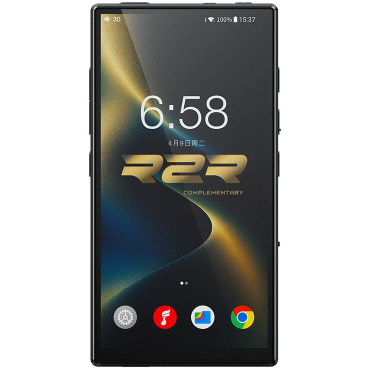 FiiO M33 R2R portable music player with sleek design and digital display, featuring buttons and headphone jack.