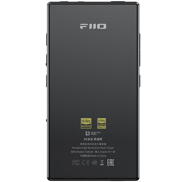 FiiO M33 R2R portable music player with sleek design and touchscreen display, featuring high-resolution audio output.