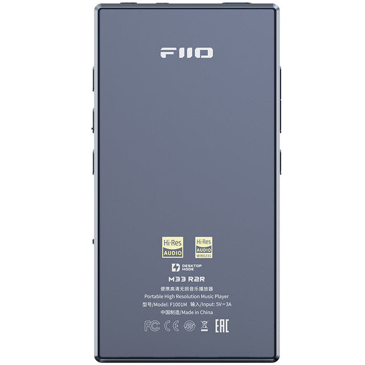FiiO M33 R2R portable music player with sleek design and touchscreen display, featuring high-resolution audio capabilities.