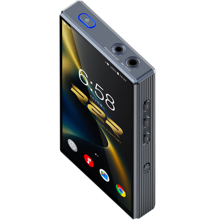 FiiO M33 R2R portable music player with sleek design and digital display, featuring multiple control buttons and a headphone jack.