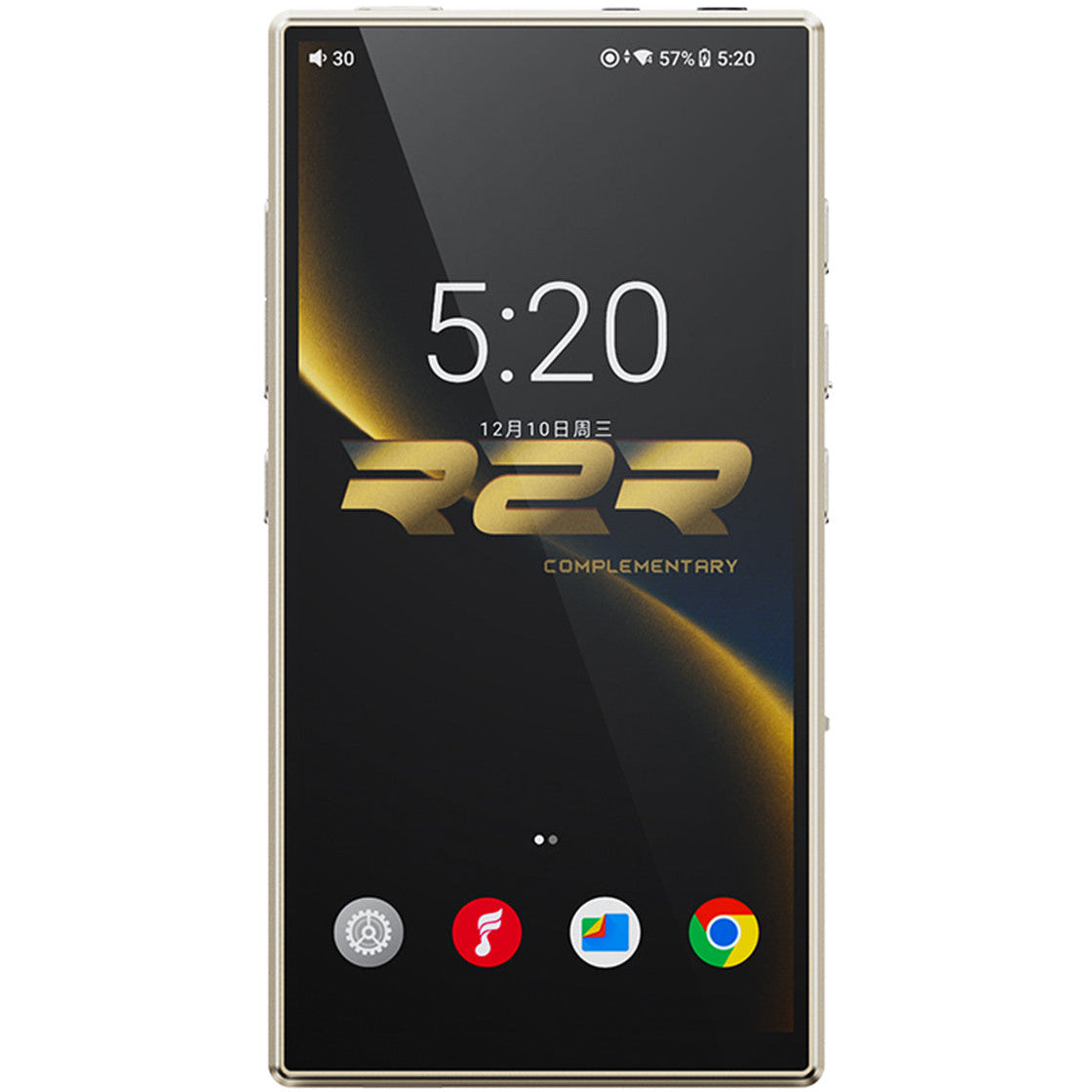 FiiO M33 R2R portable music player in gold with front view showing display and control buttons.