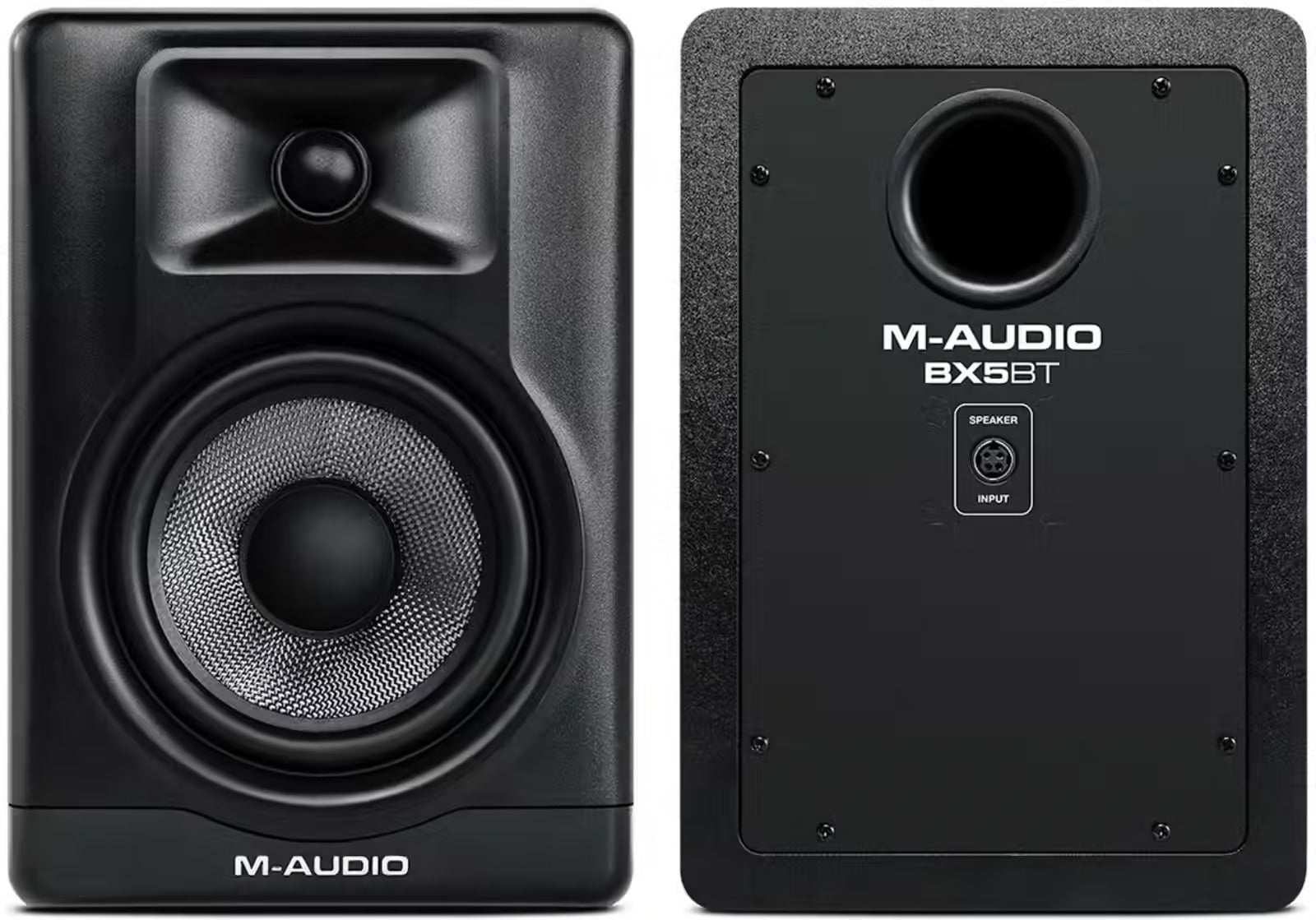 M-Audio BX5 BT active nearfield monitors with black cabinets and front-facing controls for professional audio monitoring.